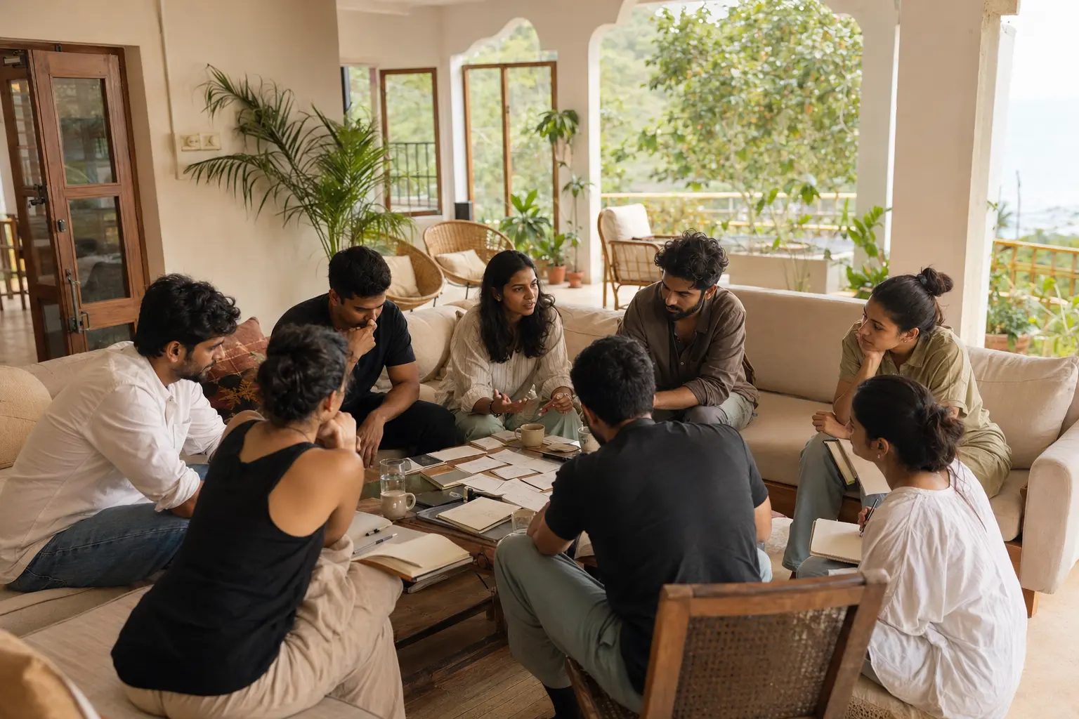 A small founder group in a relaxed villa conversation