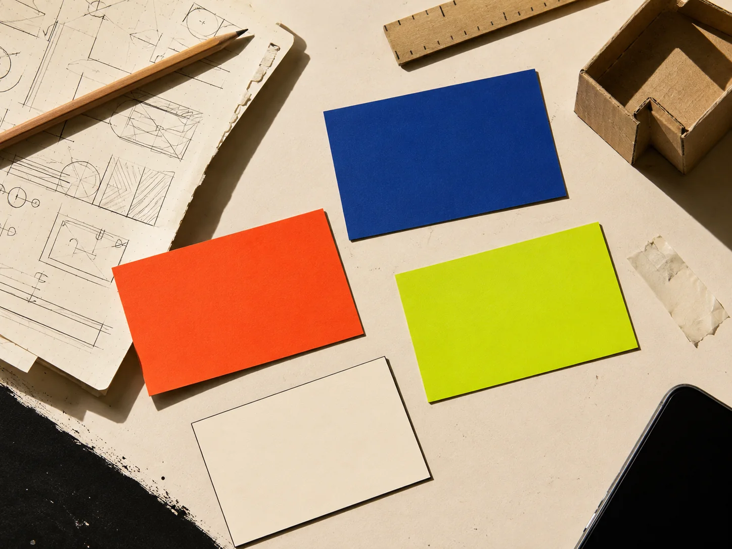 Cards and notes on a creative workbench